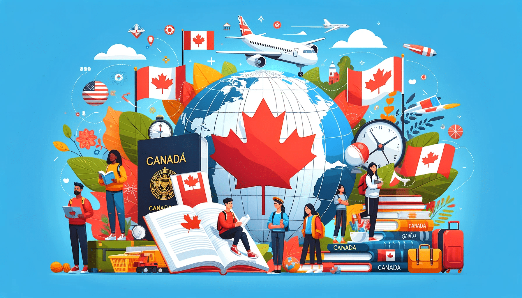Estudiantes internacionales con libros delante de un mapa de Canadá, simbolizando la oportunidad educativa y la diversidad cultural en Canadá para estudiantes de todo el mundo.