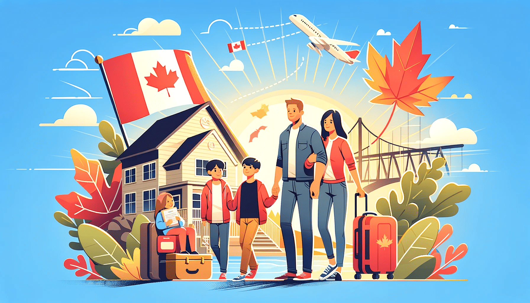 Familia con maletas listos para emigrar a Canadá, simbolizando la nueva vida llena de esperanza y las oportunidades que el país ofrece a las familias con hijos.