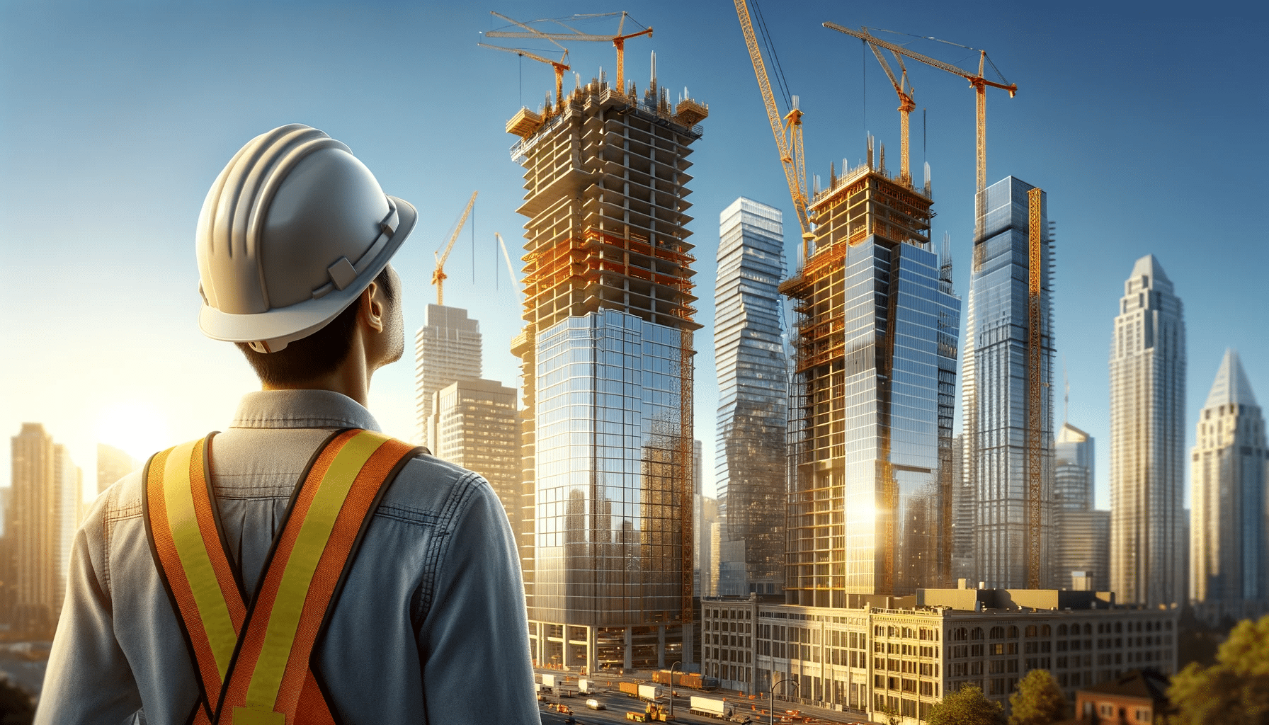 Trabajador latino en la construcción en Canadá, mirando con orgullo los rascacielos en construcción, simbolizando las oportunidades y desafíos del porqué emigrar a Canadá.