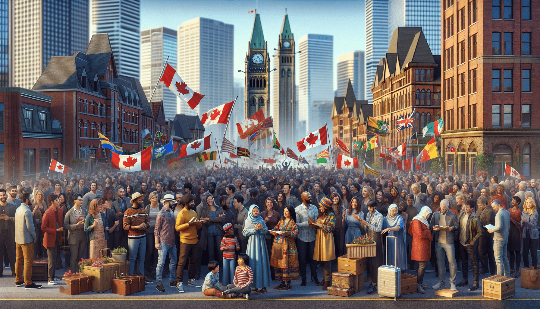 Diversidad multicultural en una ciudad canadiense, mostrando personas de diferentes razas y culturas interactuando en un evento comunitario, reflejando la facilidad de hacer amigos en el ambiente inclusivo de Canadá