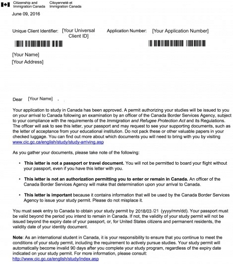 Carta de aprobación oficial para estudio en Canadá con instrucciones destacadas para estudiantes internacionales.