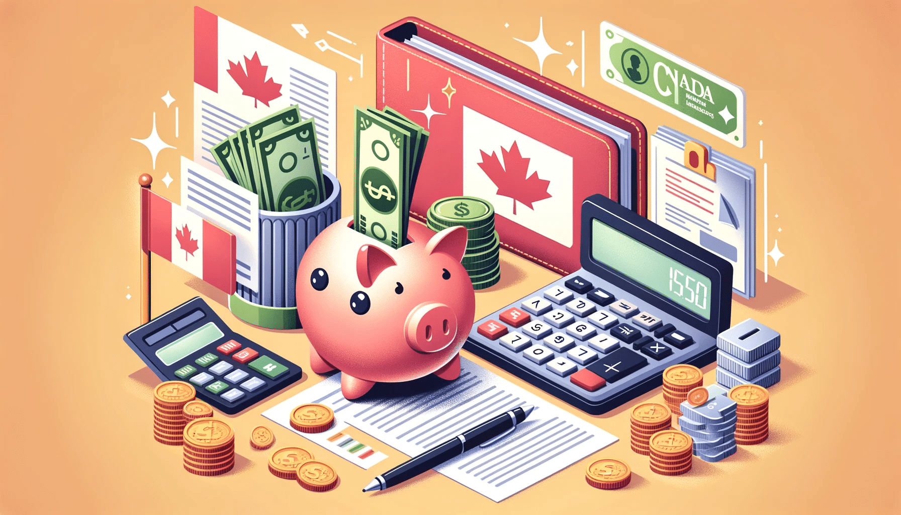 Imagen ilustrando la planificación financiera para la inmigración a Canadá, con moneda canadiense, hucha, calculadora y documentos sobre una mesa con la bandera de Canadá.
