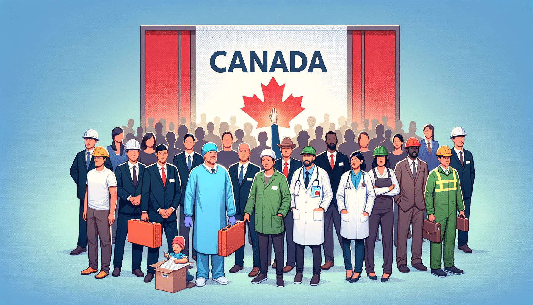 Representación conceptual de la selección de profesionales en el sistema Express Entry de Canadá, mostrando a Canadá eligiendo a trabajadores calificados de un grupo diverso.