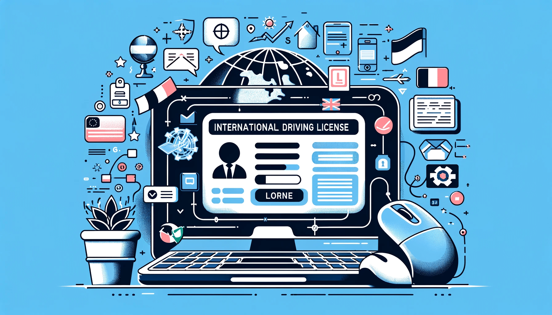 Computadora mostrando el proceso de solicitud de licencia de conducir internacional en línea, con iconos de internet y un globo que representa la accesibilidad global.