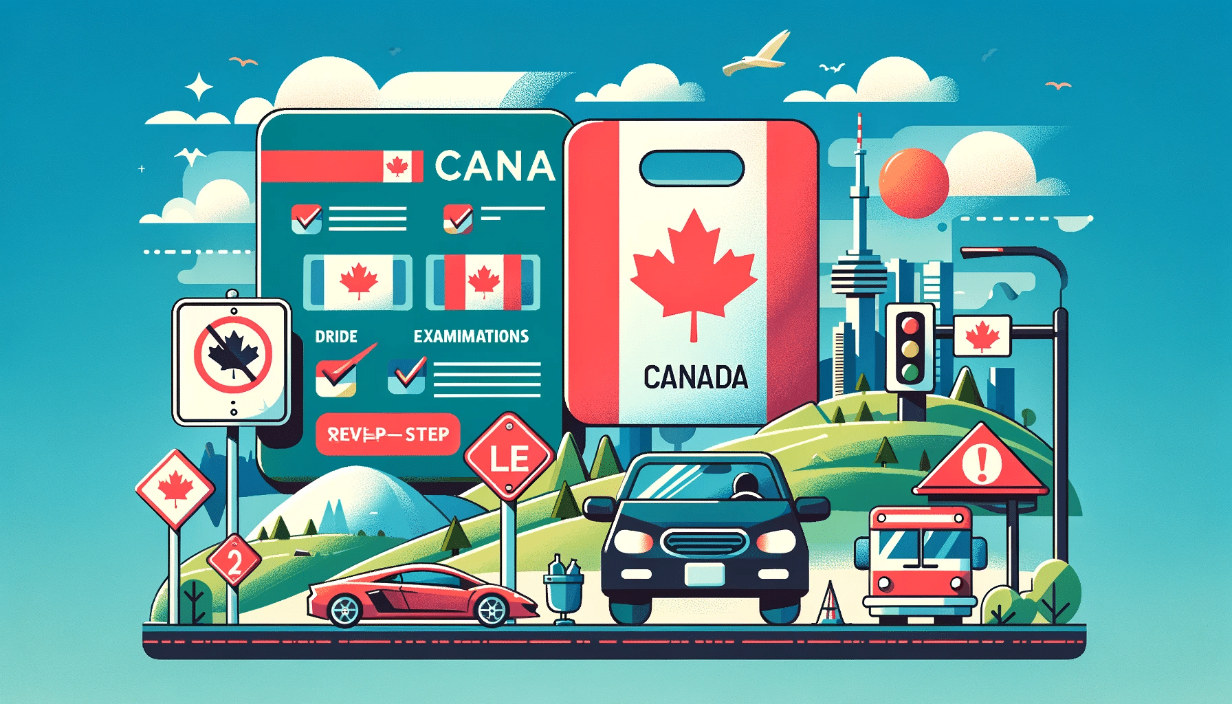 Ilustración detallada que muestra el proceso de obtener una licencia de manejo en Canadá, con señales de tráfico, un examen de manejo, y un paisaje urbano canadiense.