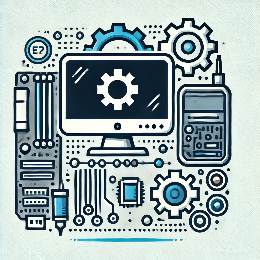 Icono del sector tecnológico que representa un monitor de computadora, una placa de circuito y un engranaje